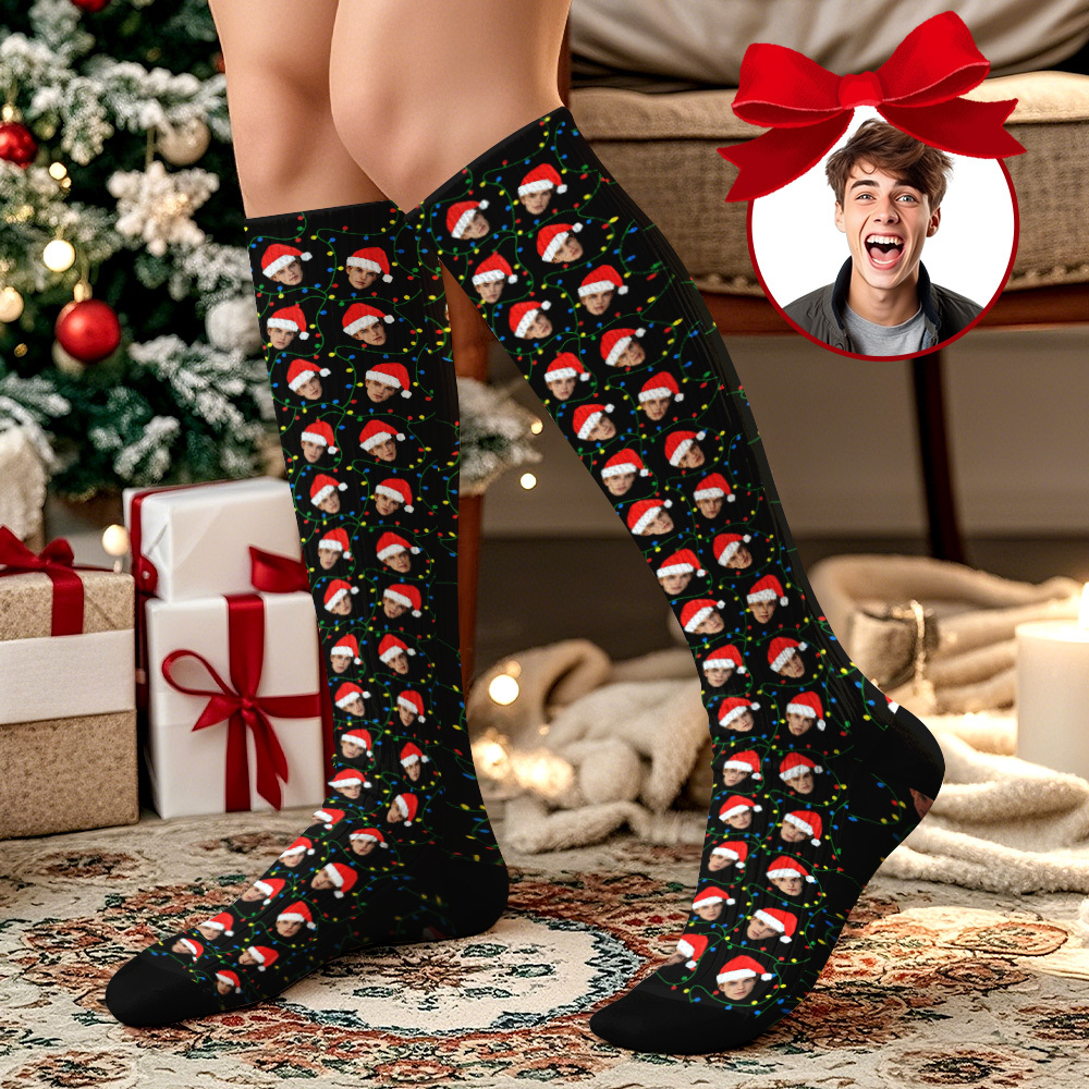 Merry Christmas Socks Custom Face Festive Knee High Socks for Holiday Outfit or Gift