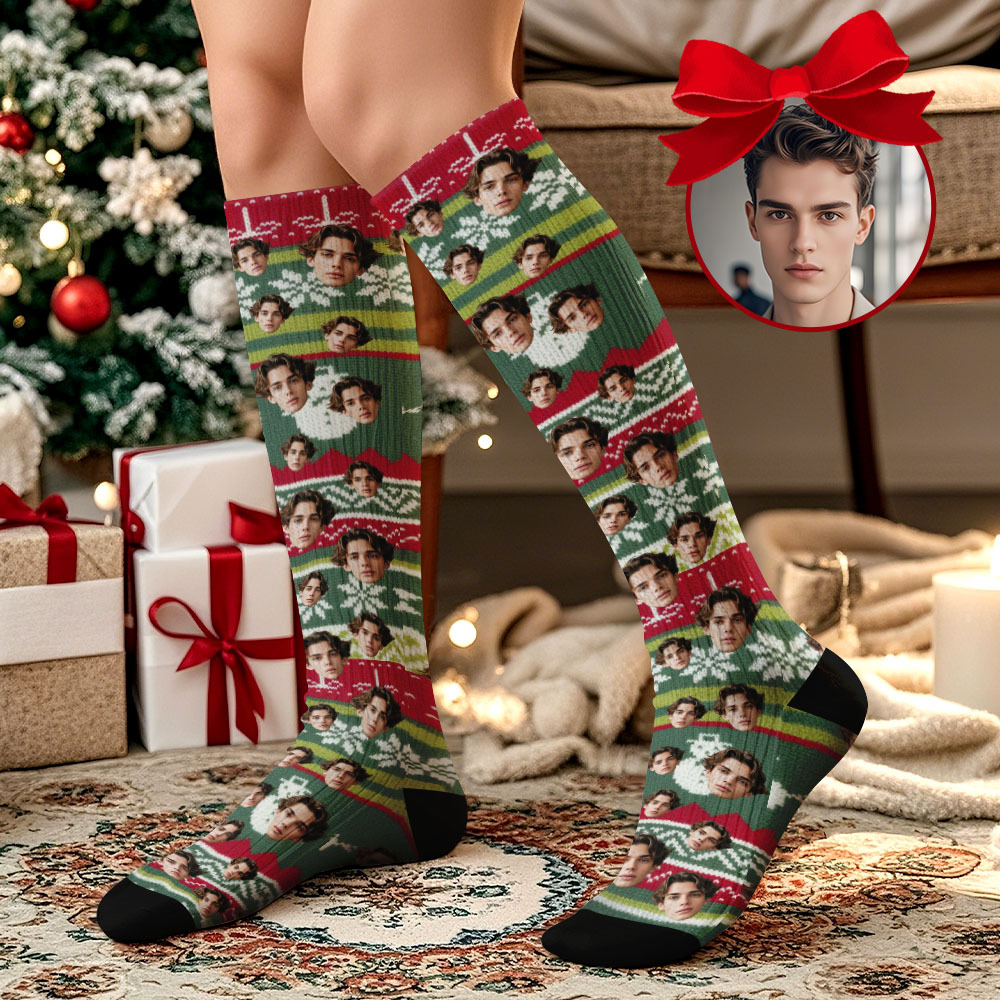 Custom Face Knee High Socks Personalized Vintage Warm Socks Merry Christmas for Lover Christmas Gifts - MyFaceSocks