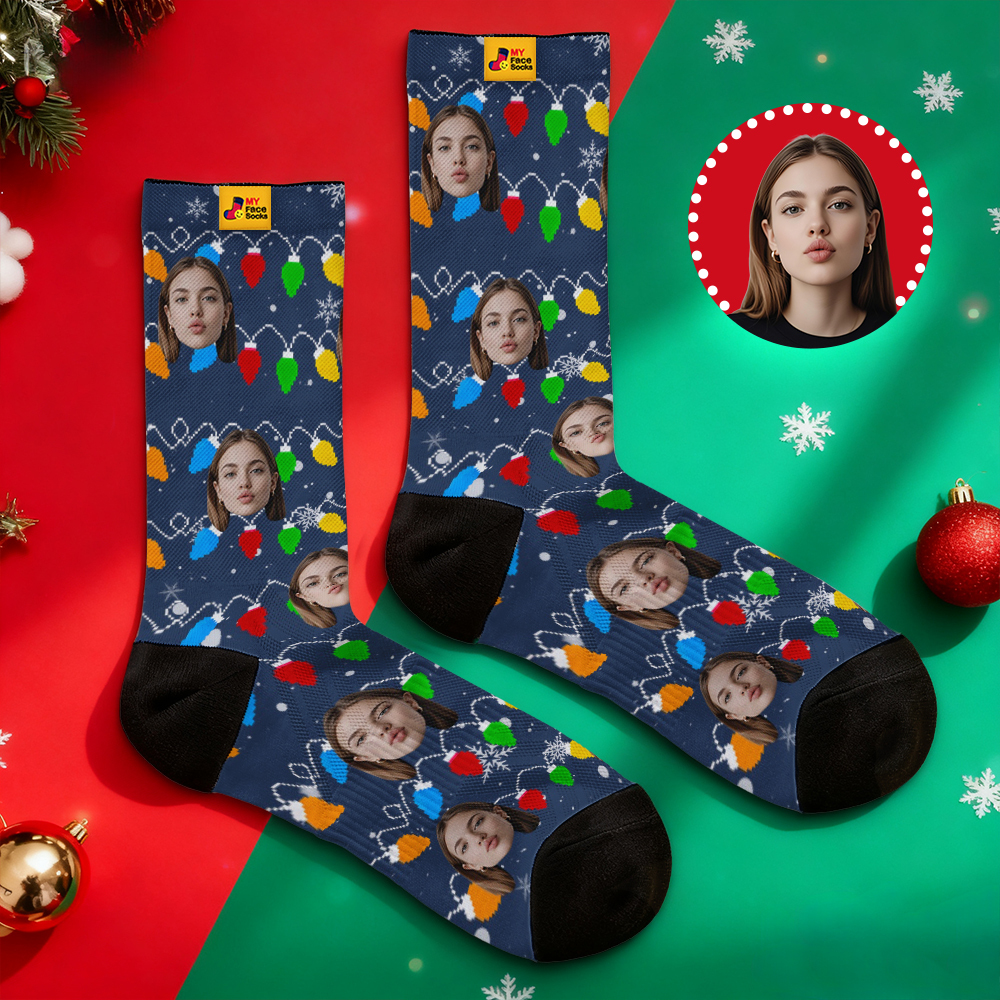 Custom Multicolor Christmas Light Socks Personalized Socks  Perfect Family Holiday Gift Christmas Socks Gift