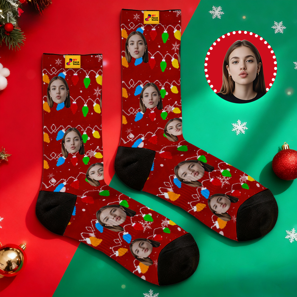 Custom Multicolor Christmas Light Socks Personalized Socks  Perfect Family Holiday Gift Christmas Socks Gift