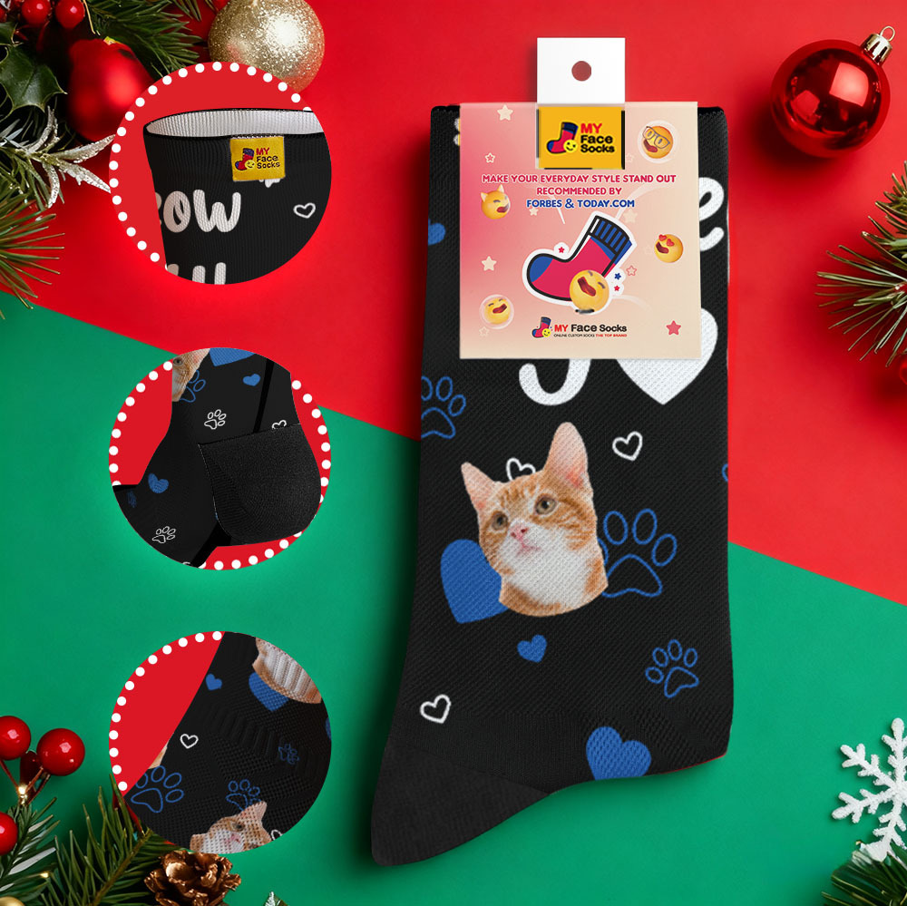 Personalized Pet Cat Theme Socks Christmas Socks Custom I Meow You Socks Pet Lover Santa Socks Gift