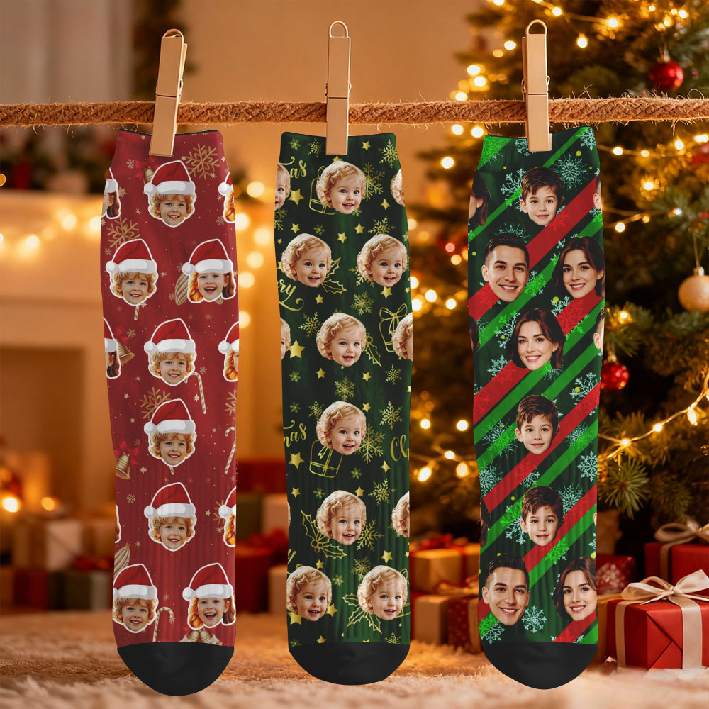 Custom Face Christmas Socks Cute Blue Santa Sokcs Personalized Photo Xmas Socks Gift