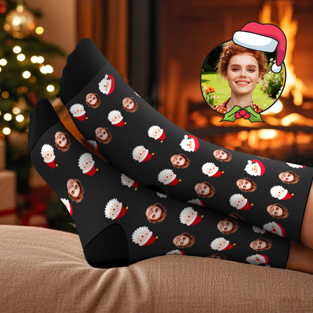 Custom Cute Santa Claus Socks Personalized Christmas Face Socks Santa Gift For Family Couple Kids
