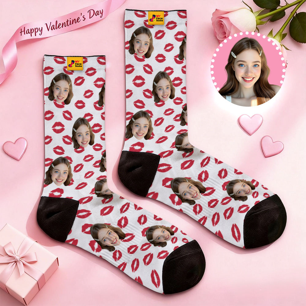 Personalized Red Lips Face Socks Valentine Themed Socks Custom Face Socks Couple Gift
