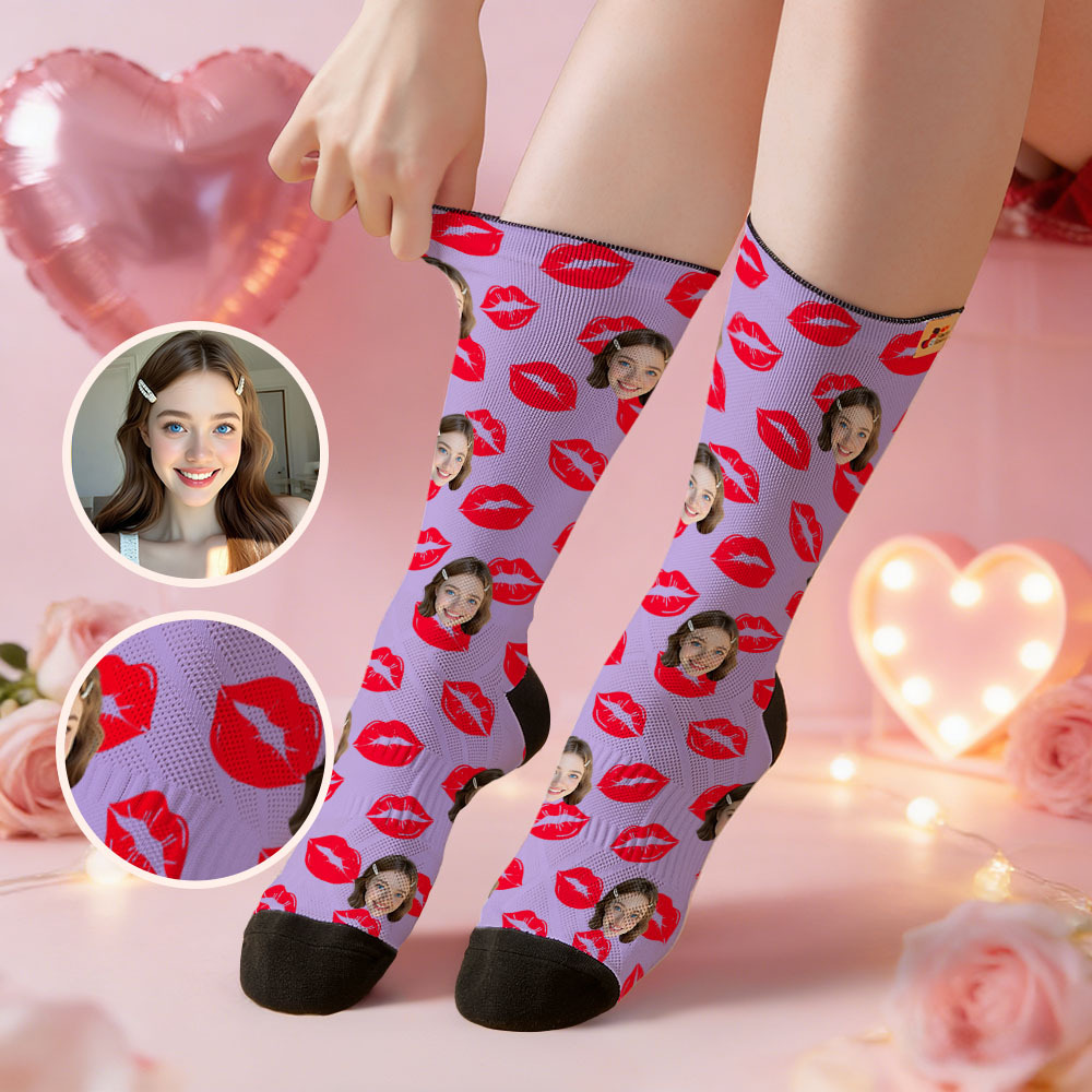 Custom Red Heart Face Socks Personalized Valentine Day Socks with Photo Cute Heart Pattern Couple Gift