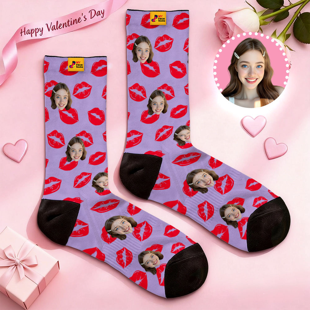 Custom Red Heart Face Socks Personalized Valentine Day Socks with Photo Cute Heart Pattern Couple Gift