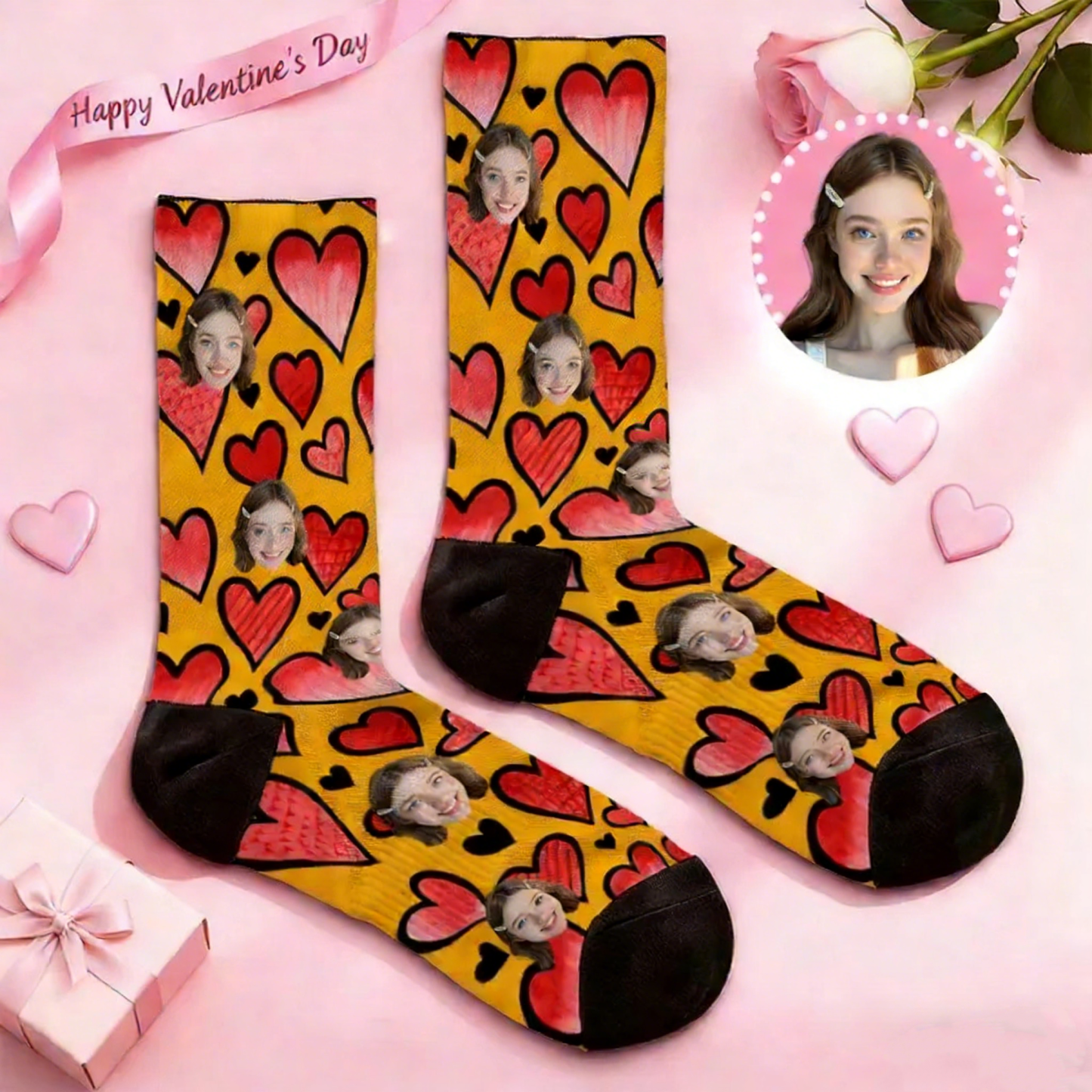 Custom Red Heart Face Socks Personalized Valentine Day Socks with Photo Cute Heart Pattern Couple Gift Idea