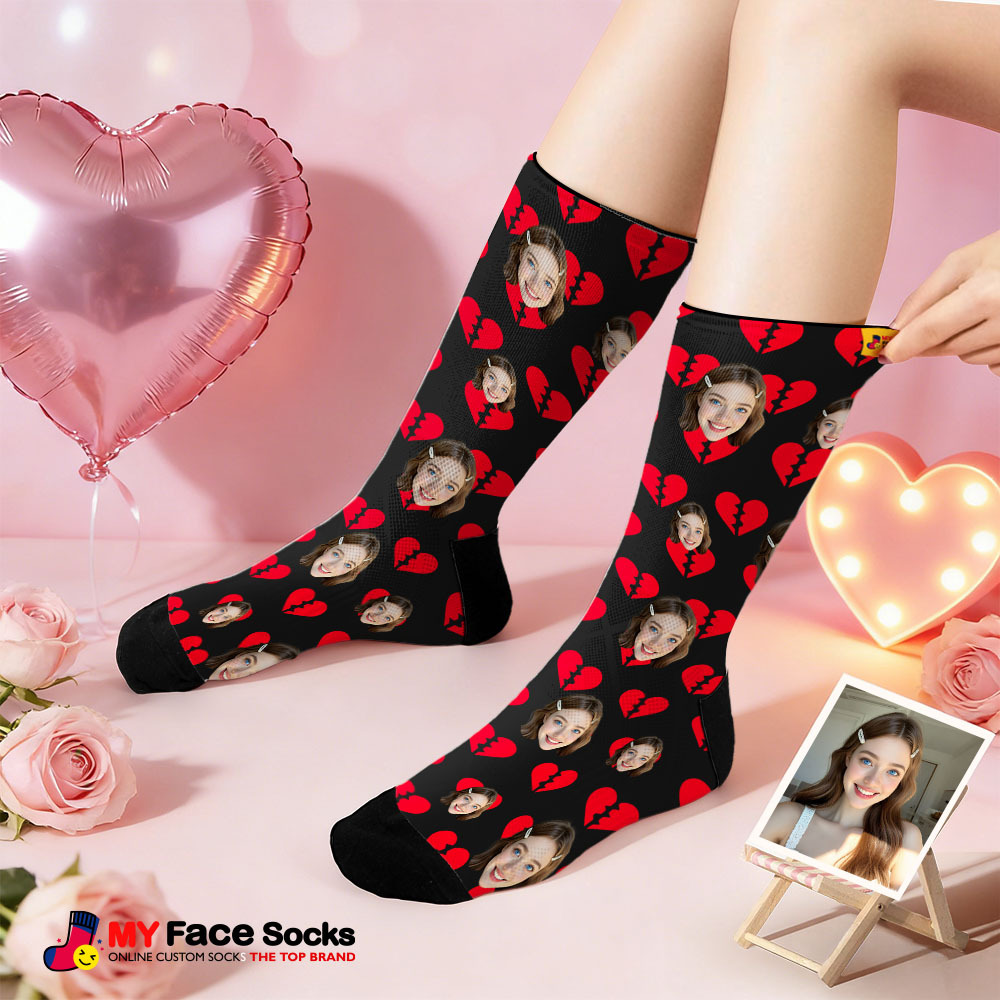 Custom Red Heart Face Socks Personalized Valentine Day Socks with Photo Cute Heart Pattern Couple Gift