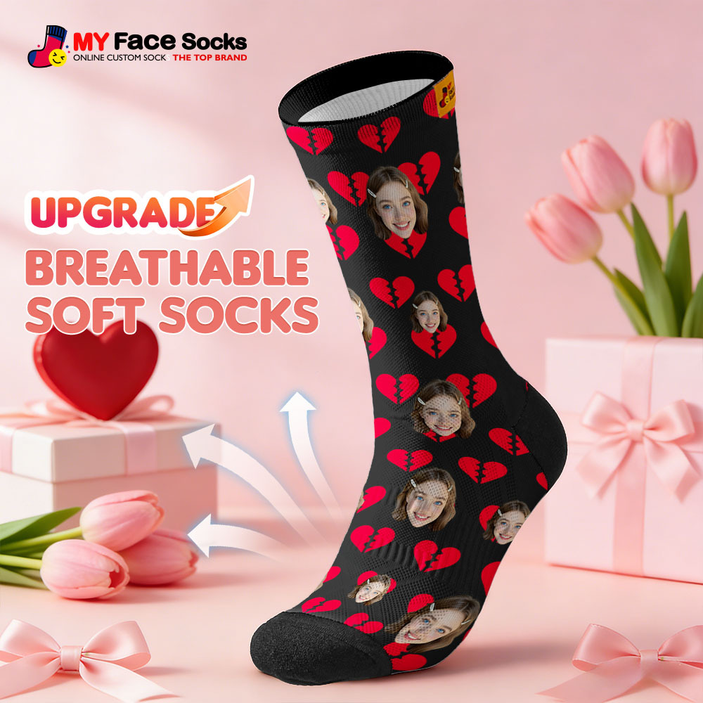Custom Red Heart Face Socks Personalized Valentine Day Socks with Photo Cute Heart Pattern Couple Gift