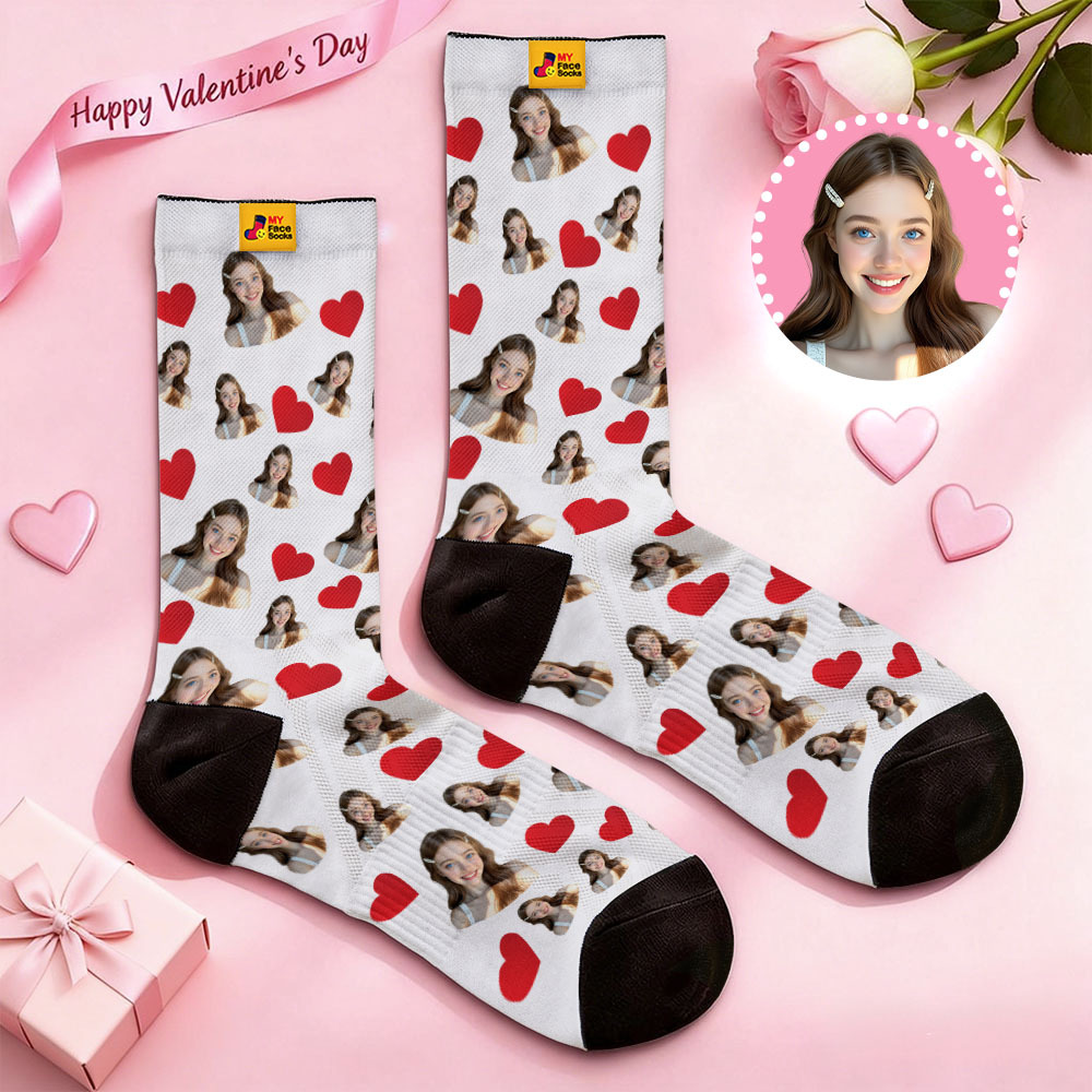 Custom Heart Face Socks Personalized Photo Valentine’s Day Couple Gift