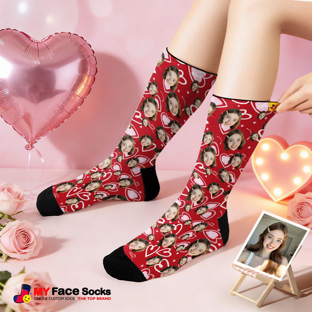 Custom Heart Face Socks Personalized Photo Valentine’s Day Couple Gift