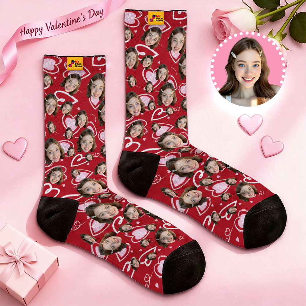 Custom Heart Face Socks Personalized Photo Valentine’s Day Couple Gift