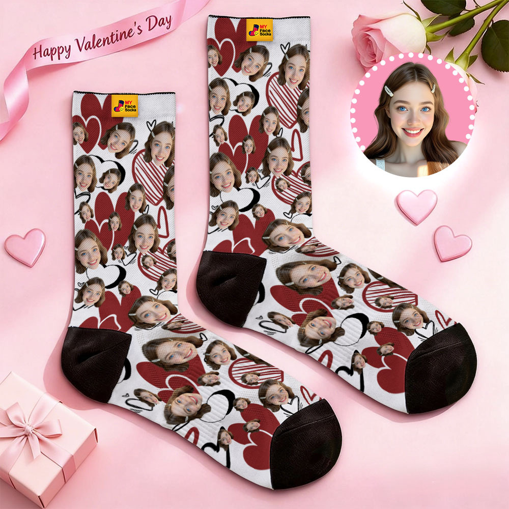 Custom Heart Face Socks Personalized Photo Valentine’s Day Couple Gift
