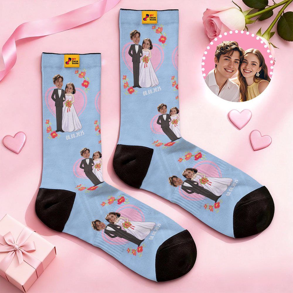 Custom Wedding Theme Colorful Face Socks Personalized Valentine Day Socks with Photo Cute Heart Pattern Couple Gift