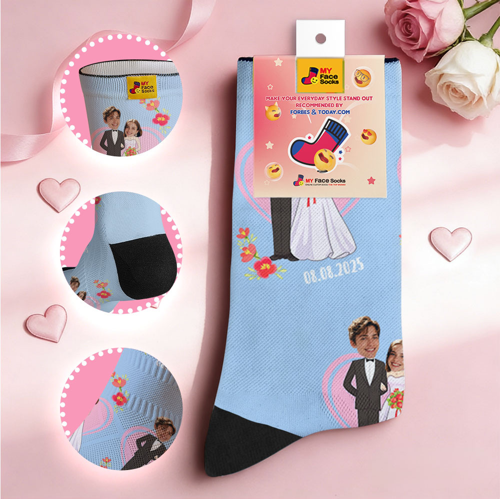 Custom Wedding Theme Colorful Face Socks Personalized Valentine Day Socks with Photo Cute Heart Pattern Couple Gift