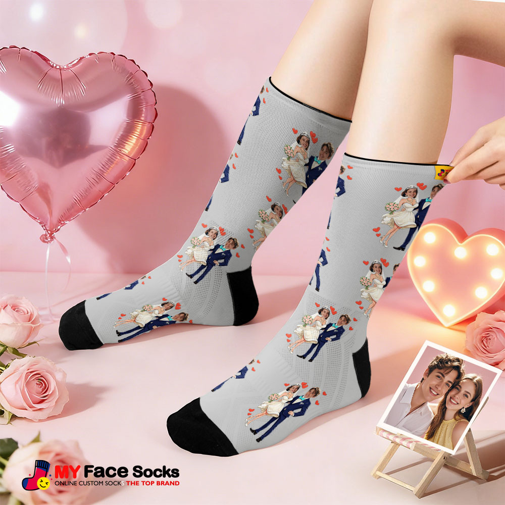 Custom Wedding Theme Colorful Face Socks Personalized Valentine Day Socks with Photo Cute Heart Pattern Couple Gift