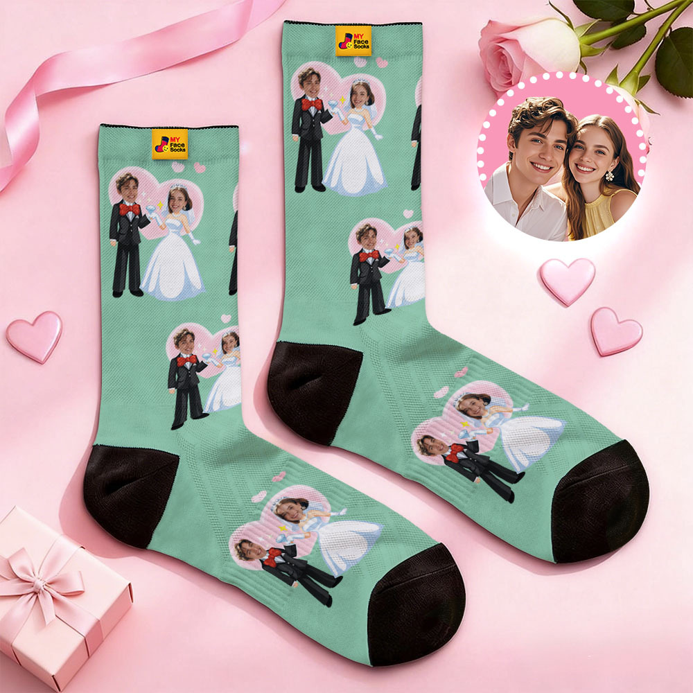 Custom Wedding Theme Colorful Face Socks Personalized Valentine Day Socks with Photo Cute Heart Pattern Couple Gift