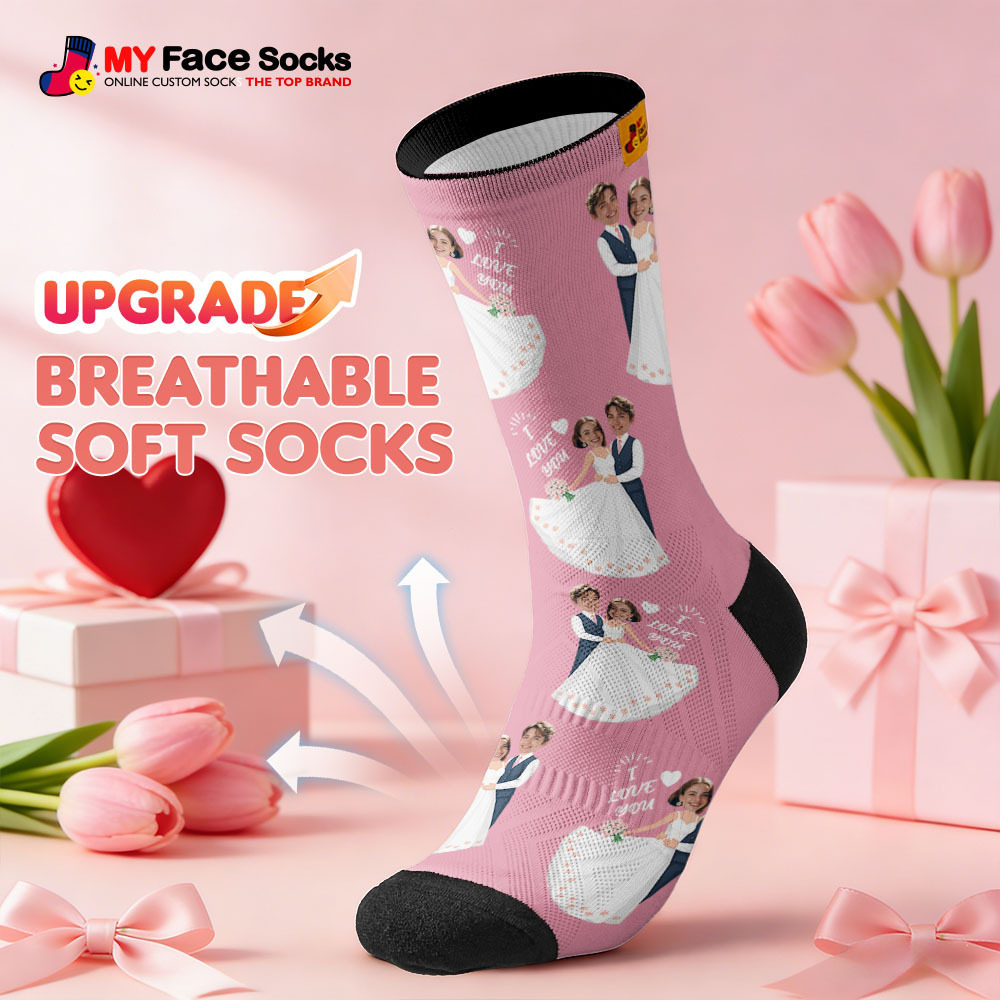 Custom Wedding Theme Colorful Face Socks Personalized Valentine Day Socks with Photo Cute Heart Pattern Couple Gift