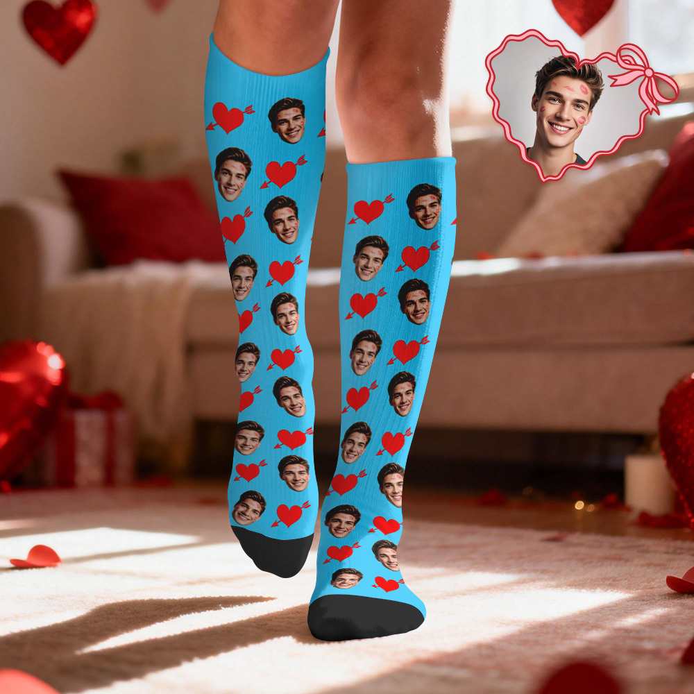 Custom Face Compression Socks Personalized Knee-High Socks with Photo Heart Face Gift for Him Her - MyFaceSocks