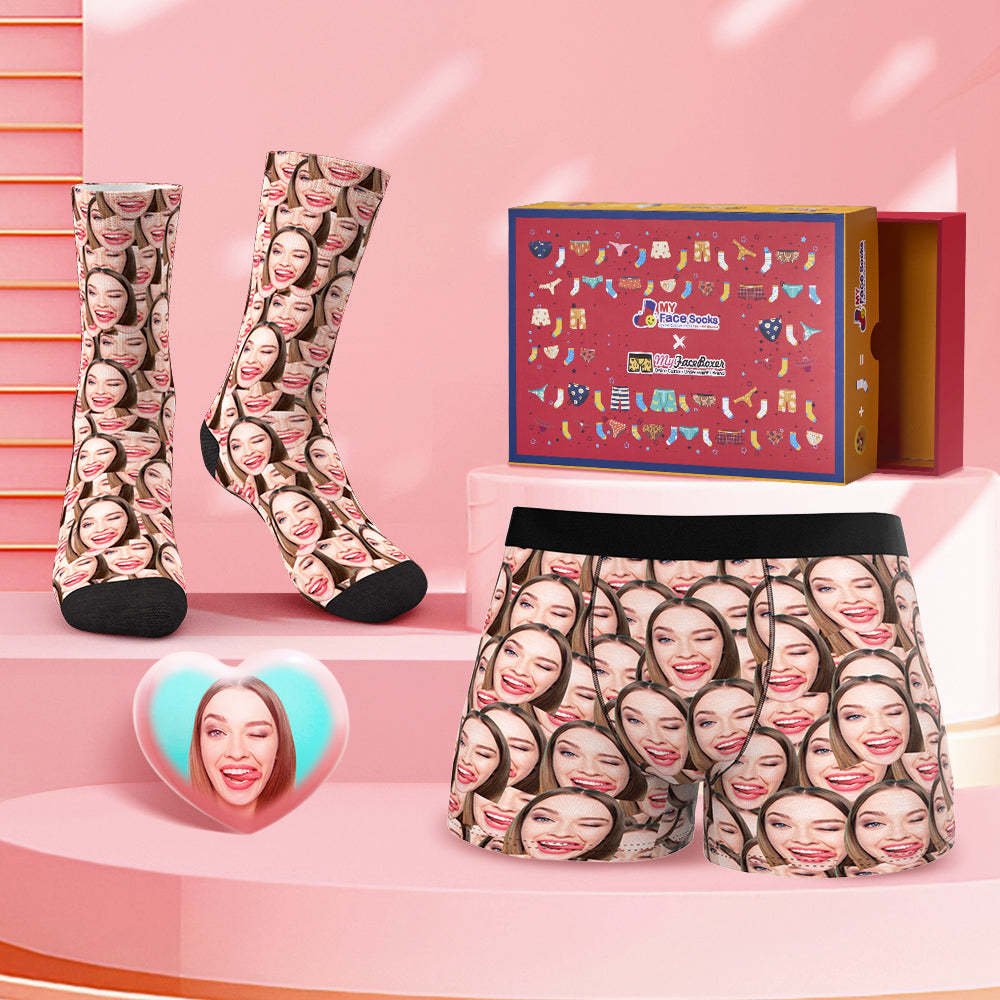 Custom Face Mash Style Boxer Shorts And Socks Set Valentine's Day Gift Co-Branding Set