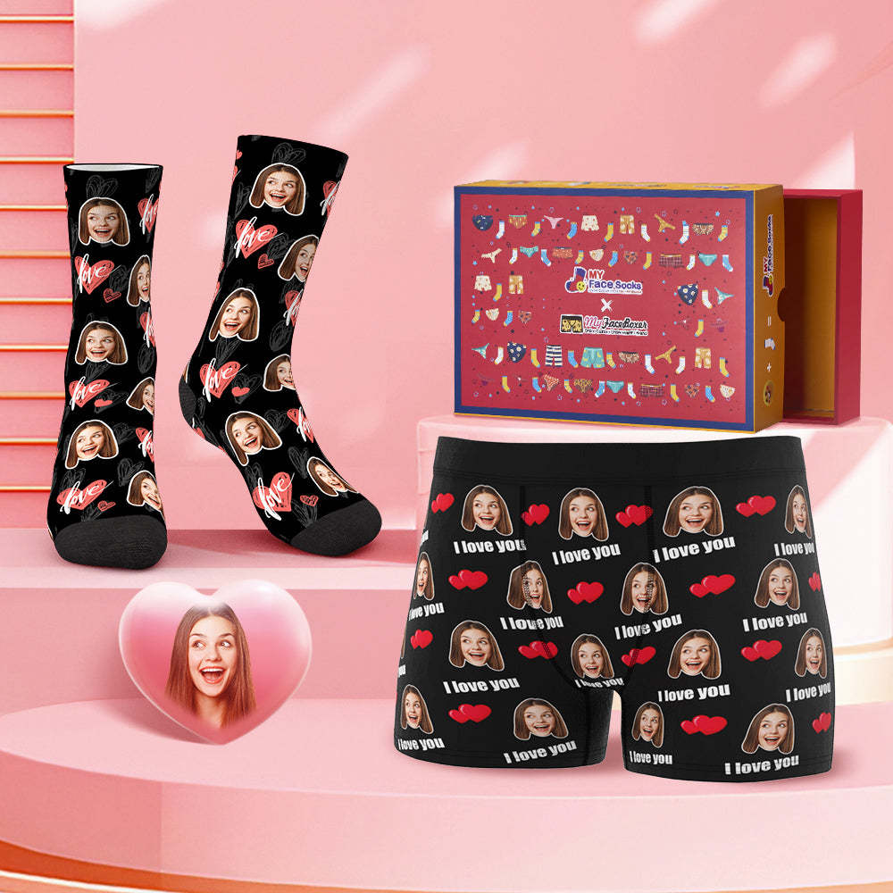 Custom Face Boxer Shorts And Socks Set I Love You Valentine's Day Gift Co-Branding Set