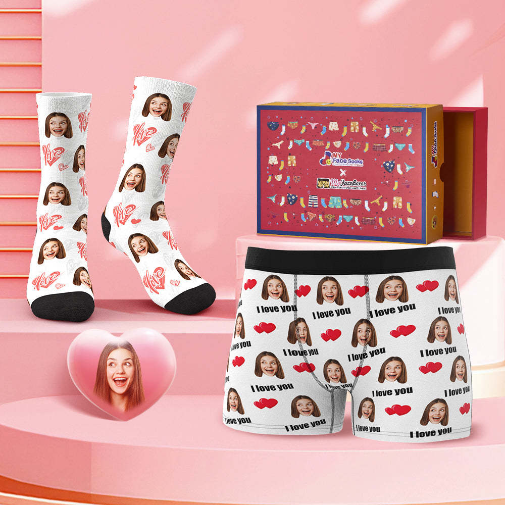 Custom Face Boxer Shorts And Socks Set I Love You Valentine's Day Gift Co-Branding Set