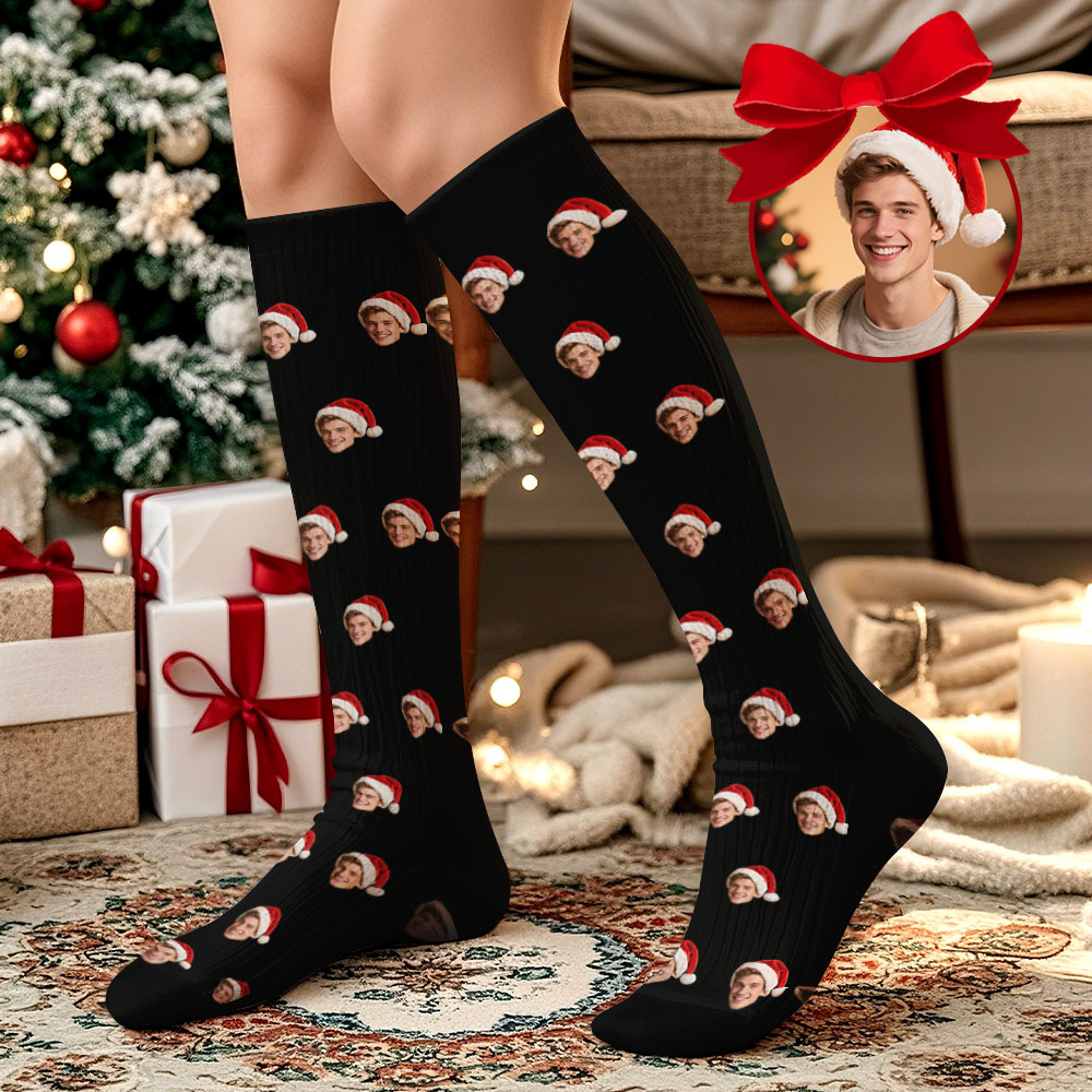 Christmas Gift Custom Knee High Face Socks Summer Socks - Full Face Black