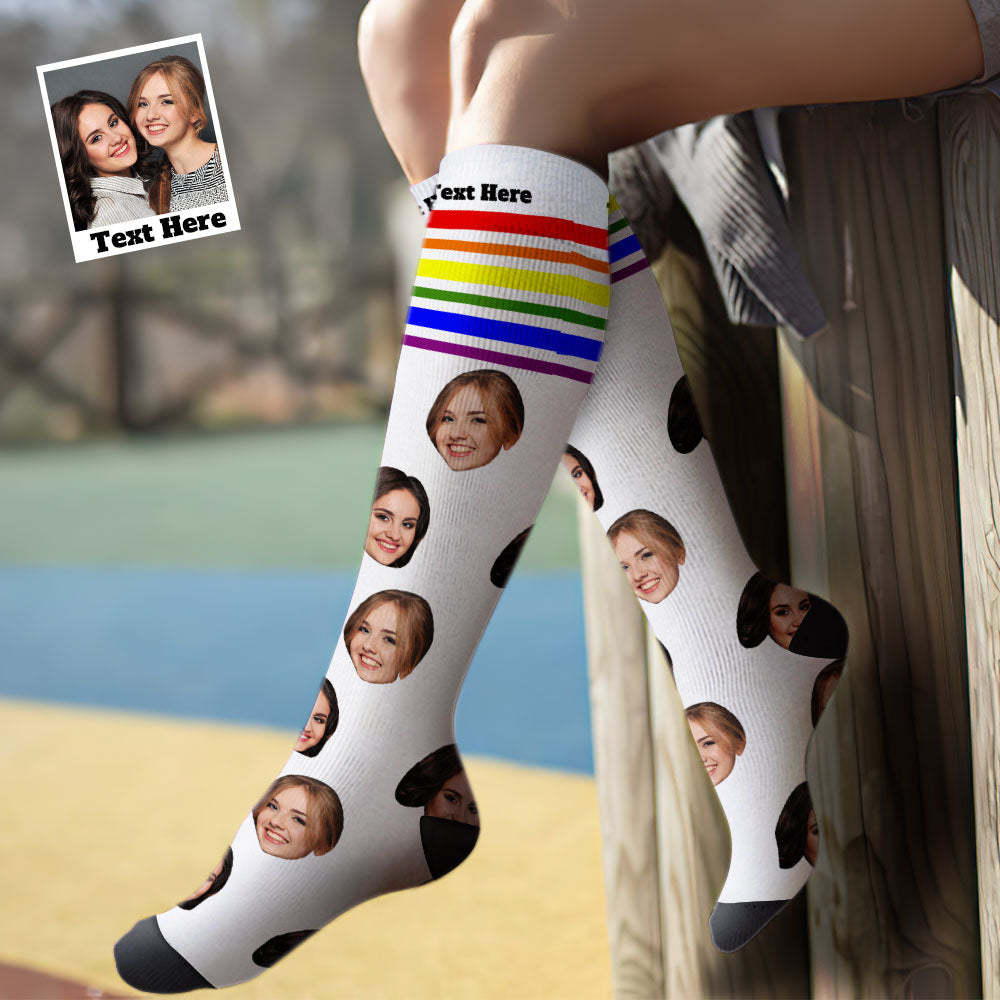 Custom Knee High Face Socks Summer Socks Add Pictures And Name - LGBT Rainbow