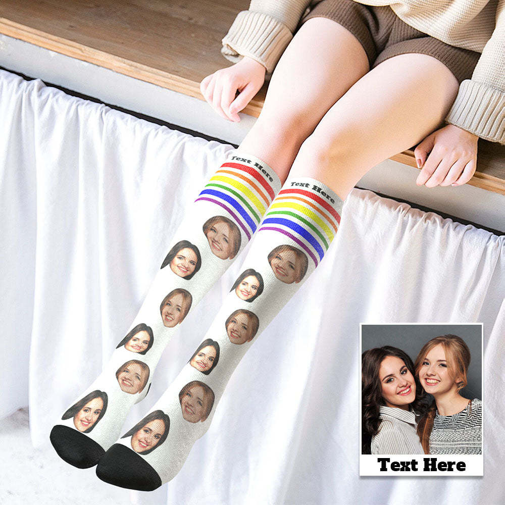Custom Knee High Face Socks Summer Socks Add Pictures And Name - LGBT Rainbow