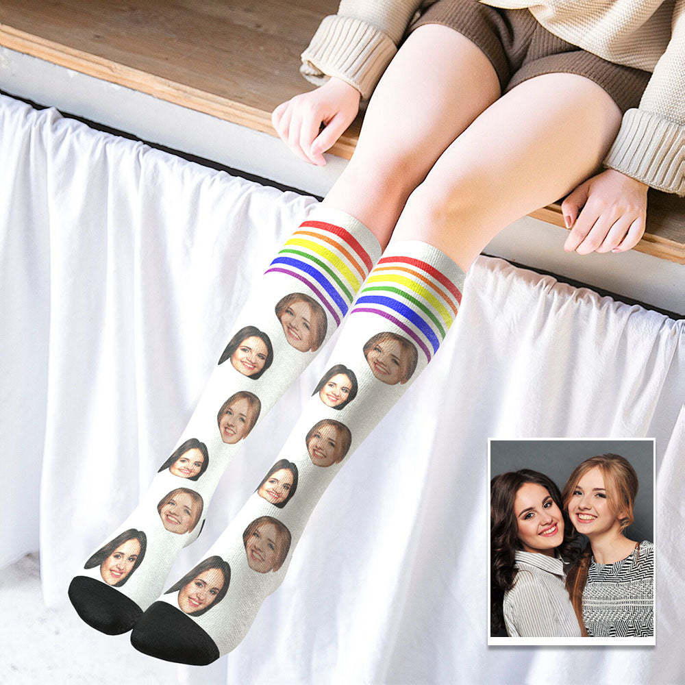 Custom Knee High Face Socks Summer Socks Add Pictures And Name - LGBT Rainbow