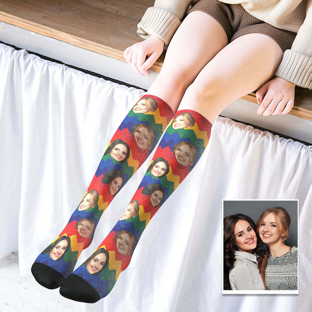 Custom Knee High Face Socks Summer Socks Add Pictures And Name - LGBT Zig Zag