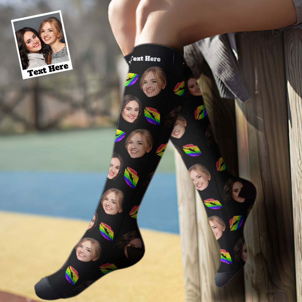 Custom Knee High Face Socks Summer Socks Add Pictures And Name - LGBT Pride Lips