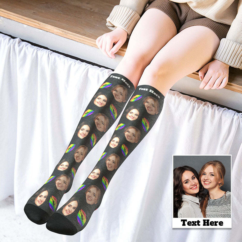 Custom Knee High Face Socks Summer Socks Add Pictures And Name - LGBT Pride Lips