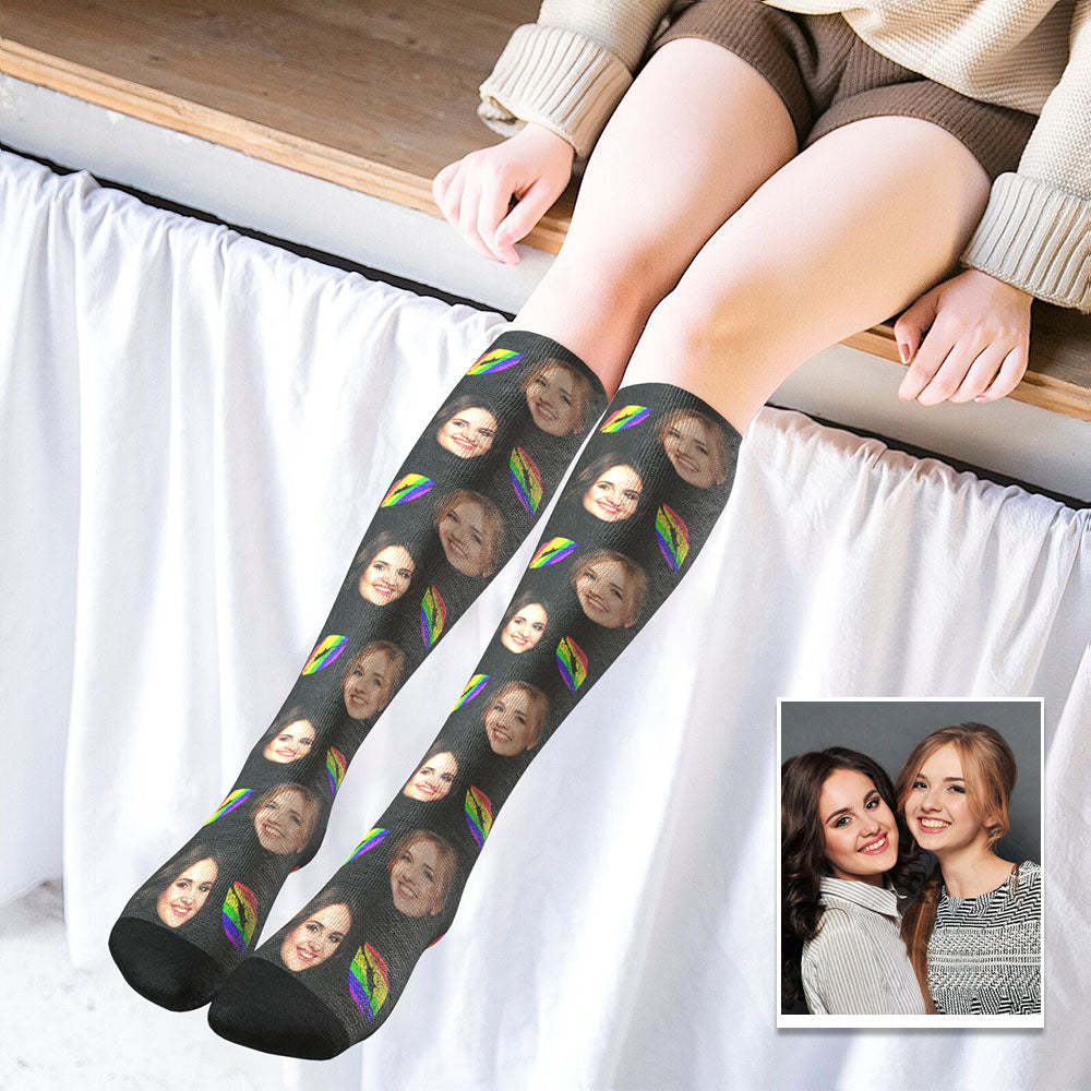 Custom Knee High Face Socks Summer Socks Add Pictures And Name - LGBT Pride Lips