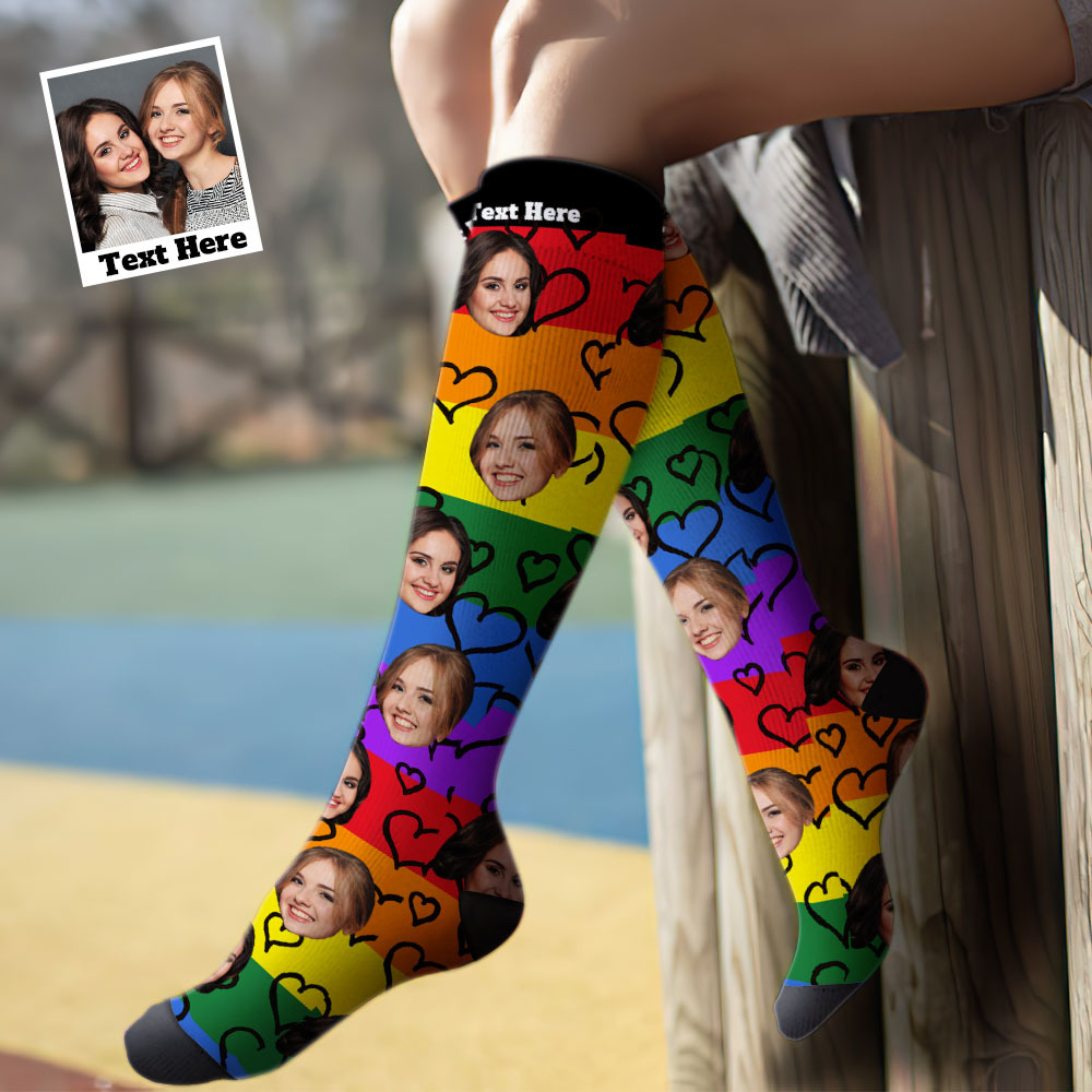 Custom Knee High Face Socks Summer Socks Add Pictures And Name - LGBT Rainbow Heart