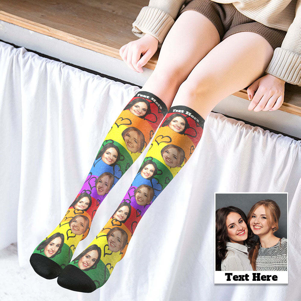 Custom Knee High Face Socks Summer Socks Add Pictures And Name - LGBT Rainbow Heart