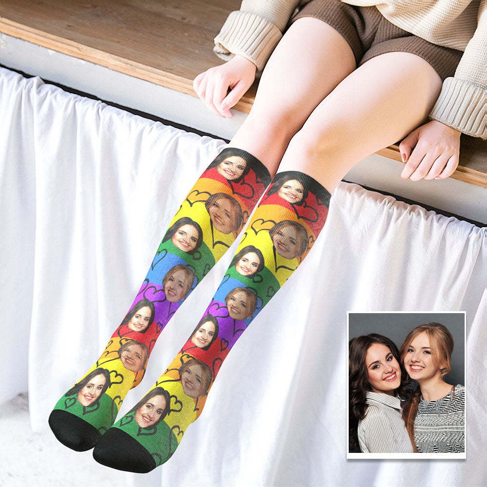 Custom Knee High Face Socks Summer Socks Add Pictures And Name - LGBT Rainbow Heart