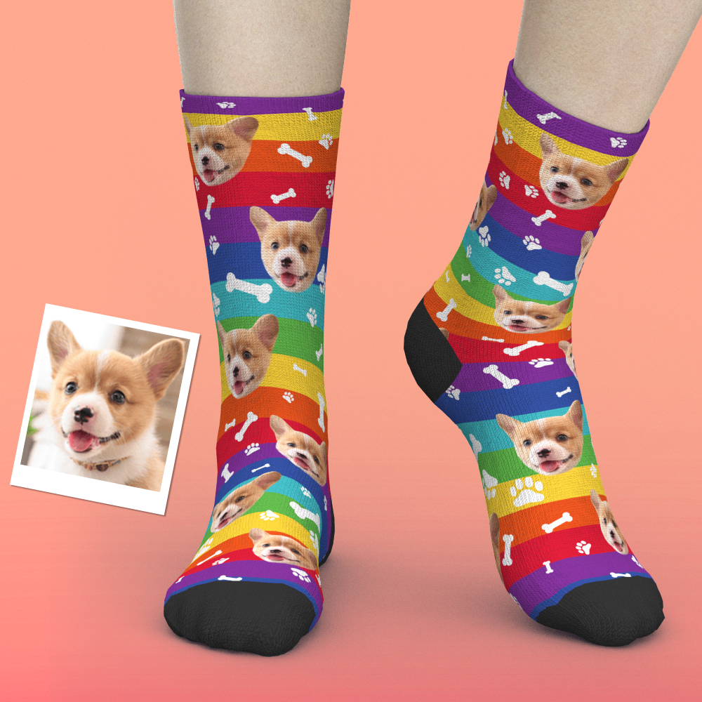 Custom Rainbow Socks Dog With Your Text  - MyFaceSocks