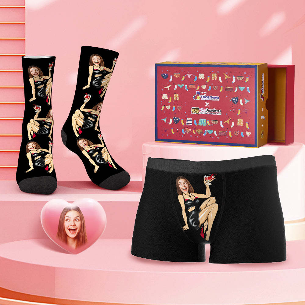 Custom Face Boxer Shorts And Socks Set Sexy Girl Valentine's Day Gift Co-Branding Set