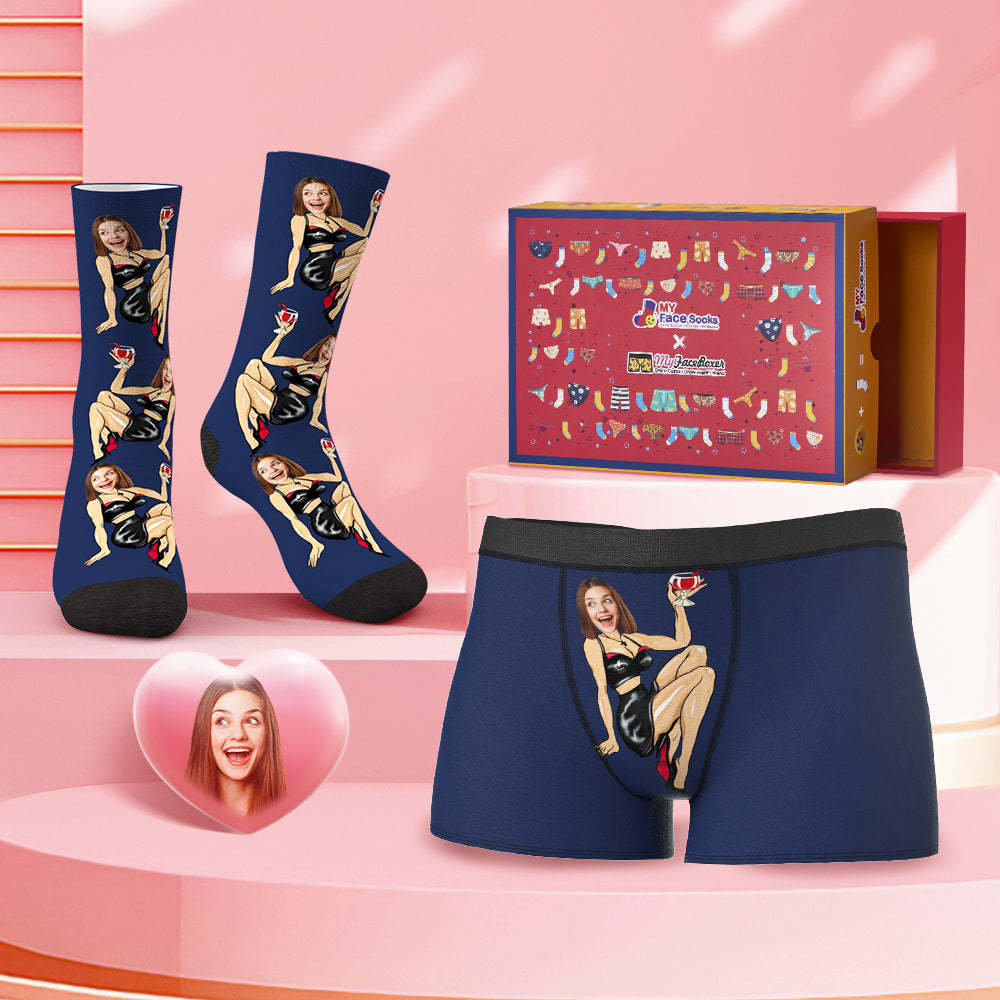 Custom Face Boxer Shorts And Socks Set Sexy Girl Valentine's Day Gift Co-Branding Set