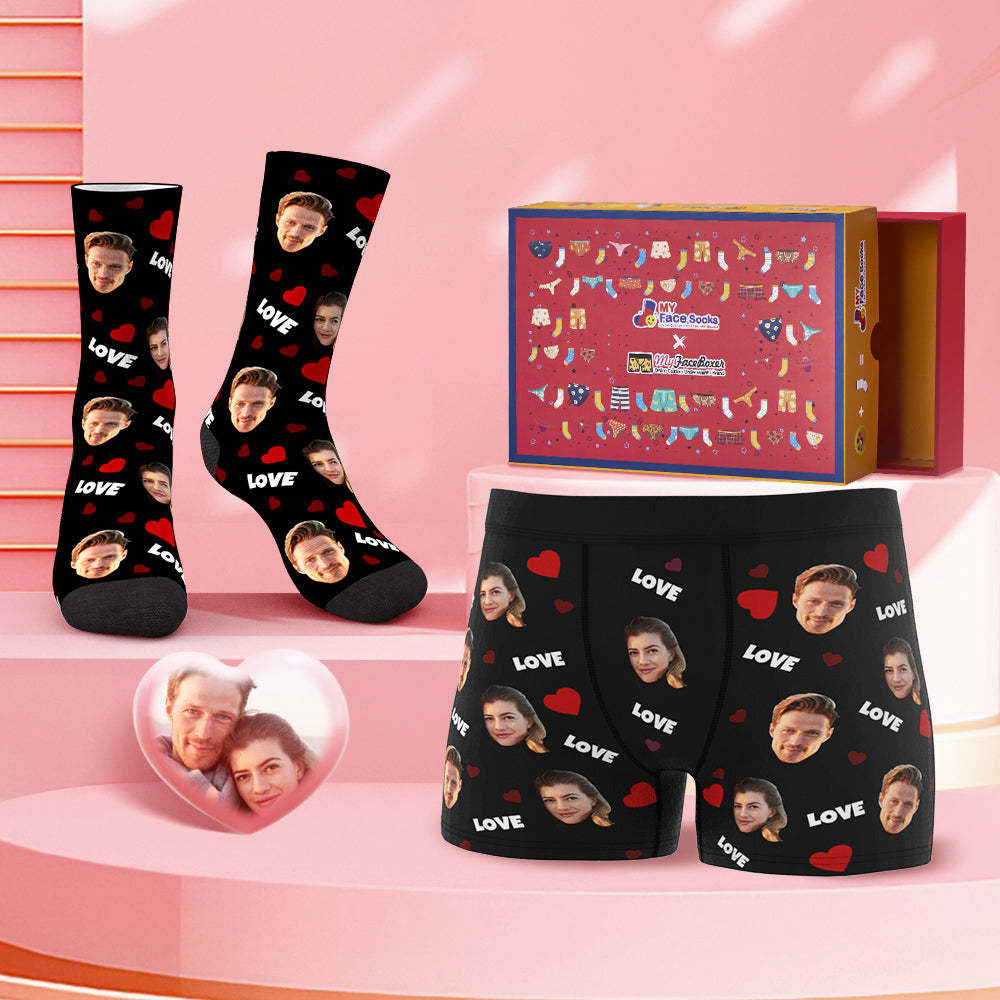 Custom Face Boxer Shorts And Socks Set Sweet Lover Valentine's Day Gift Co-Branding Set