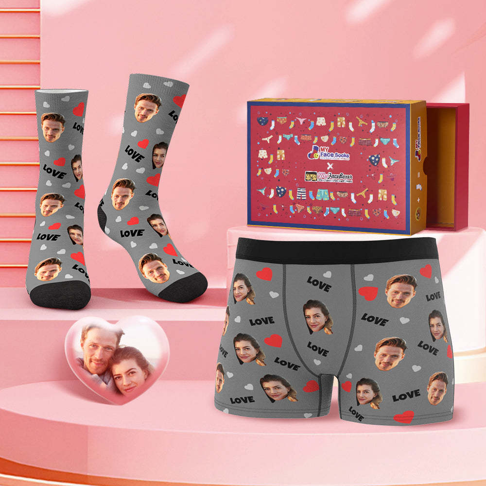 Custom Face Boxer Shorts And Socks Set Sweet Lover Valentine's Day Gift Co-Branding Set
