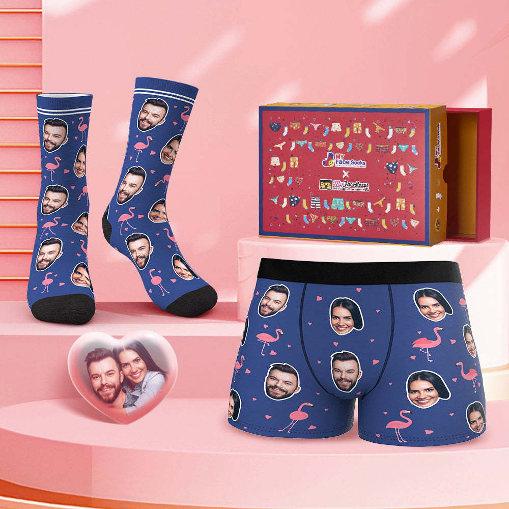 Custom Face Boxer Shorts And Socks Set Flamingo Valentine's Day Gift Co-Branding Set