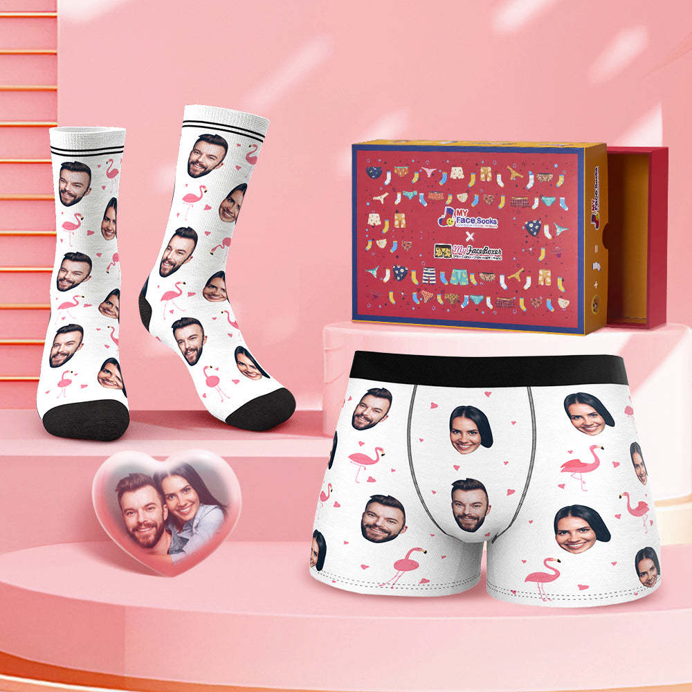 Custom Face Boxer Shorts And Socks Set Flamingo Valentine's Day Gift Co-Branding Set