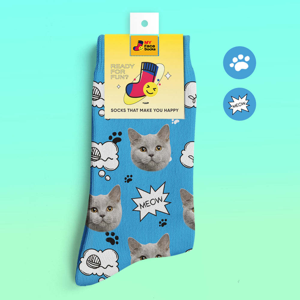 Custom 3D Digital Printed Socks My Face Socks Add Pictures and Name - Meow