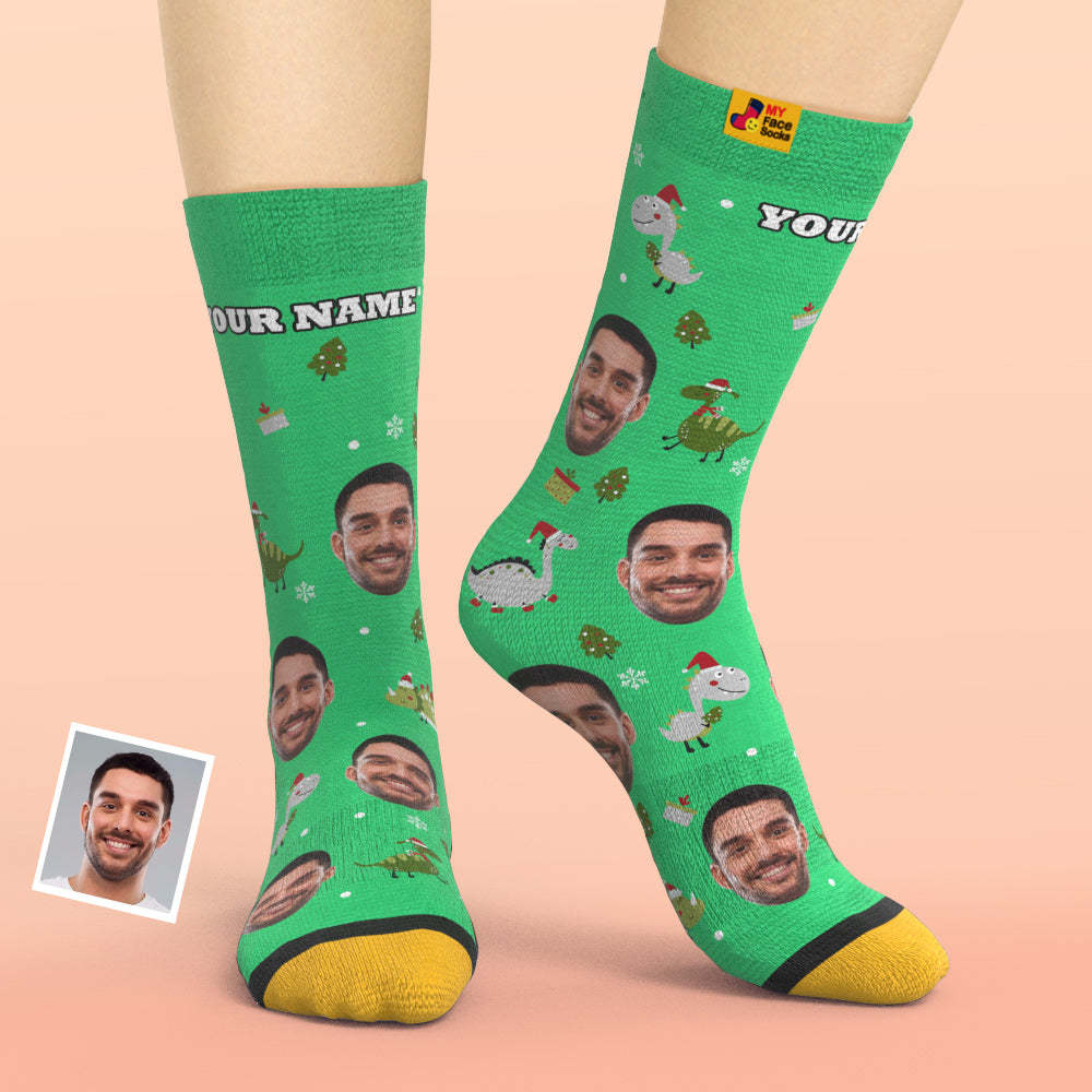 Christmas Gifts,Custom 3D Digital Printed Socks My Face Socks Add Pictures and Name Santa Hat Dinosaur - MyFaceSocks