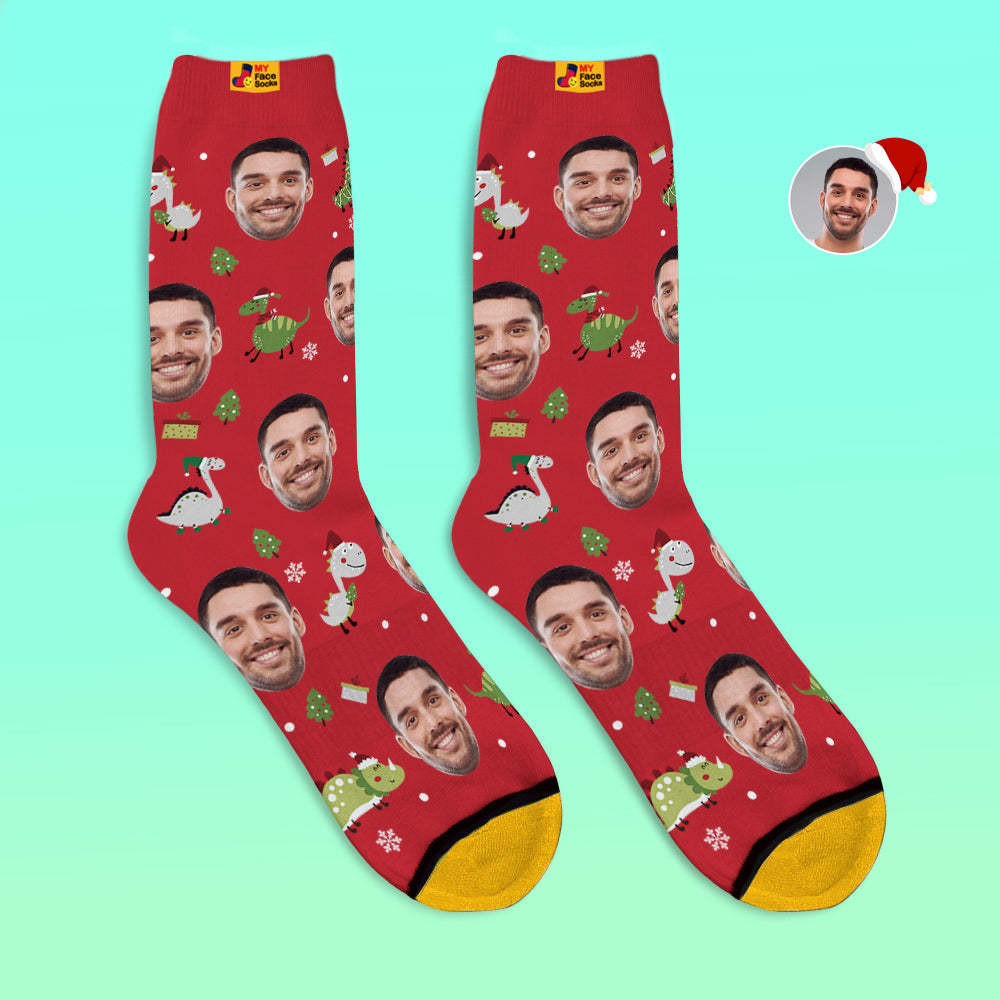 Christmas Gifts,Custom 3D Digital Printed Socks My Face Socks Add Pictures and Name Santa Hat Dinosaur - MyFaceSocks