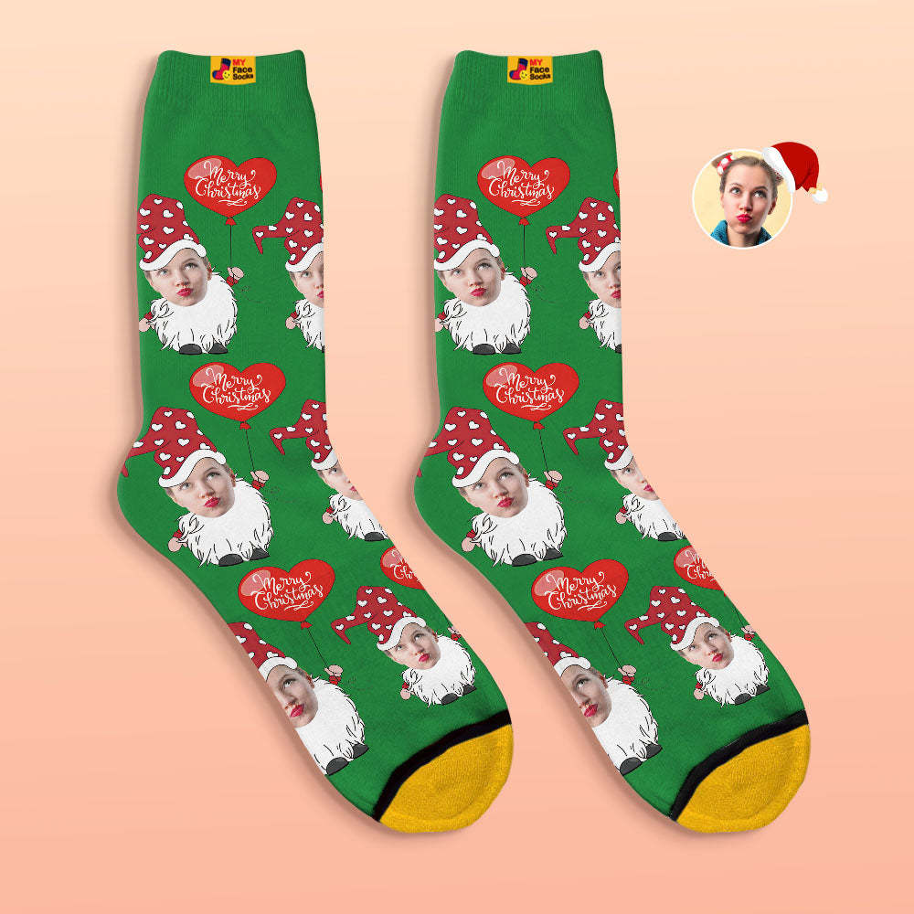 Custom 3D Digital Printed Socks Christmas Gnome With Heart Shaped Balloon Christmas Socks - MyFaceSocks