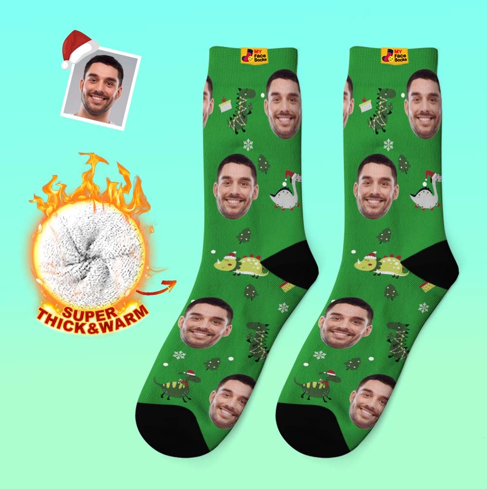 Christmas Gifts,Custom Thick Socks Photo 3D Digital Printed Socks Autumn Winter Warm Socks Santa Hat Dinosaur - MyFaceSocks