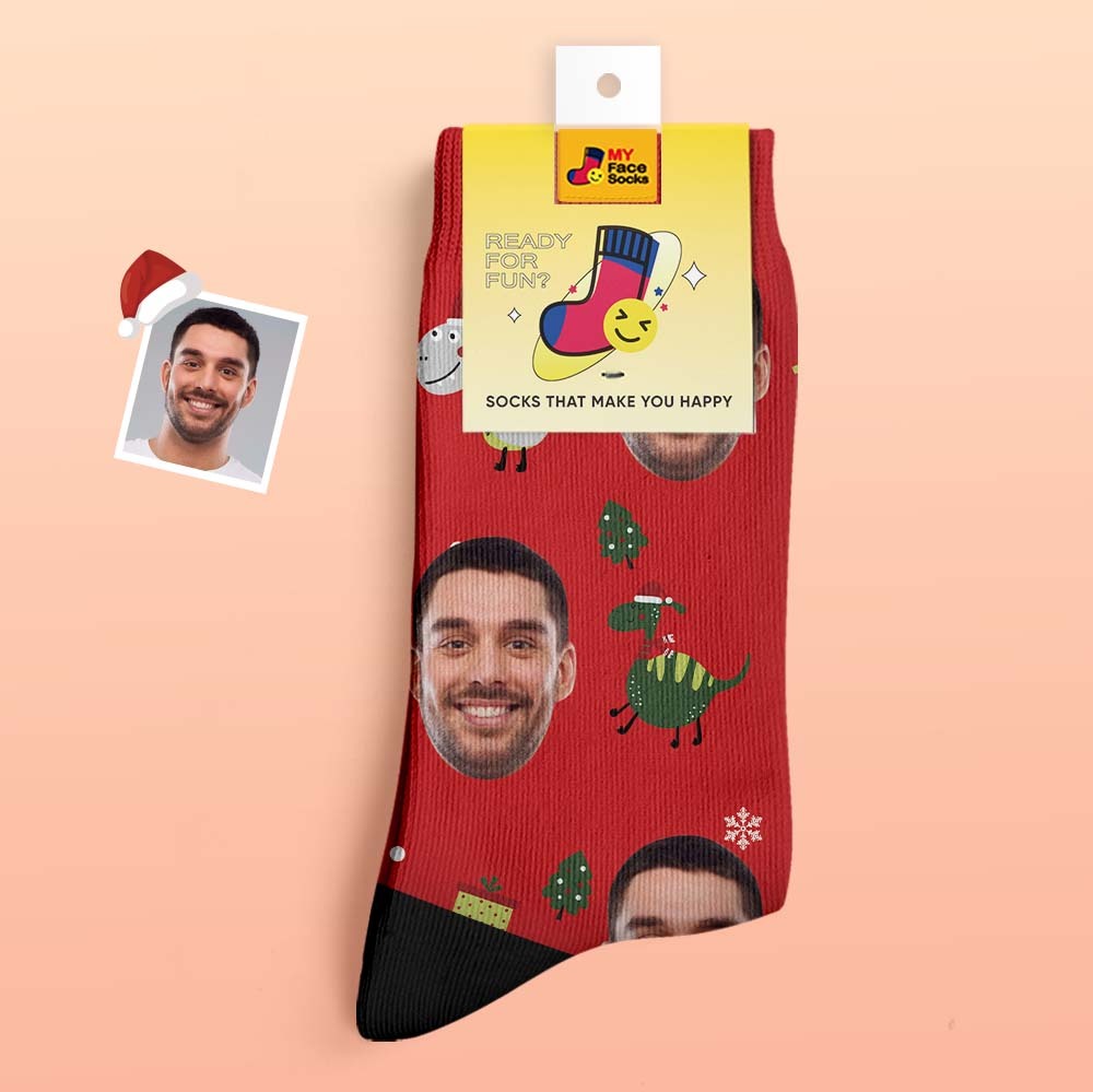 Christmas Gifts,Custom Thick Socks Photo 3D Digital Printed Socks Autumn Winter Warm Socks Santa Hat Dinosaur - MyFaceSocks